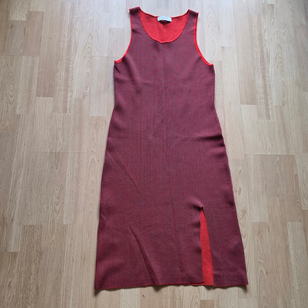 Reiss Charlie Ribbed Knit Midi Tank Dress Womens 10 Red Striped Slit - Picture 2 of 8
